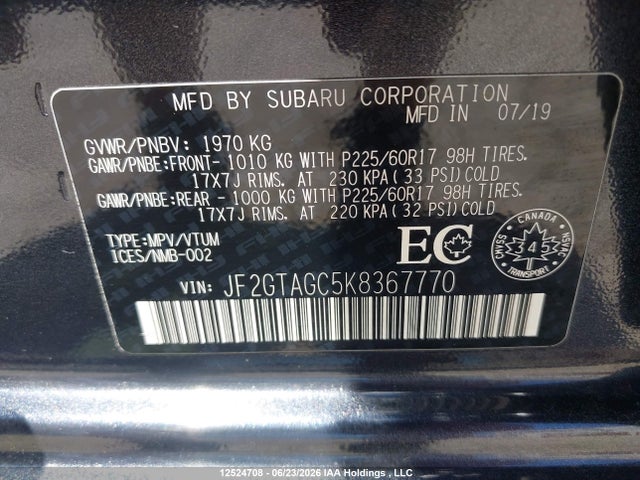 12524708 :رقم المزاد ، JF2GTAGC5K8367770 vin ، 2019 Subaru Crosstrek Sport مزاد بيع