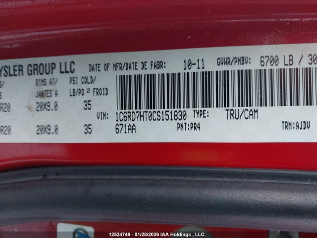 Продажа на аукционе авто 2012 Ram 1500 Sport, vin: 1C6RD7HT0CS151830, номер лота: 12524749