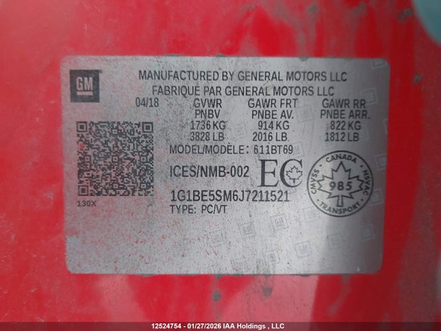 1G1BE5SM6J7211521 Chevrolet Cruze Lt Auto