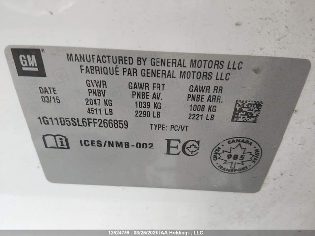 Aukcja sprzedaży 2015 Chevrolet Malibu, vin: 1G11D5SL6FF266859, numer aukcji: 12524759