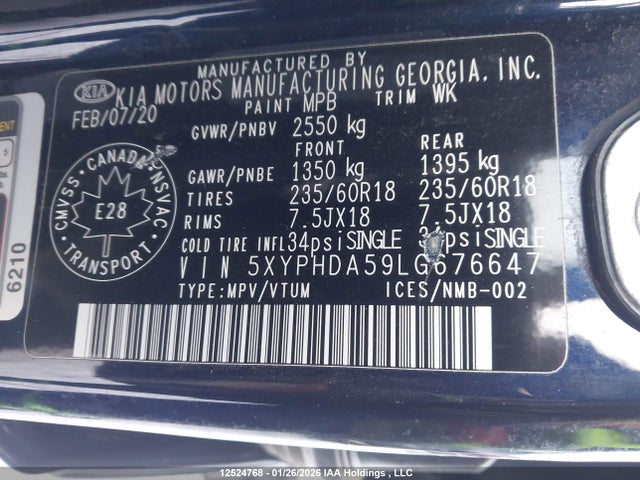 5XYPHDA59LG676647 KIA Sorento 3.3l Ex/3.3l Ex+