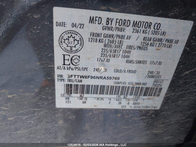 Продаж на аукціоні авто 2022 Ford Maverick Lariat/xl/xlt, vin: 3FTTW8F96NRA59769, номер лоту: 12524818