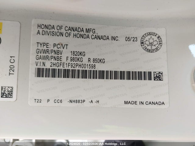 Aukcja sprzedaży 2023 Honda Civic Touring, vin: 2HGFE1F92PH001598, numer aukcji: 12524820