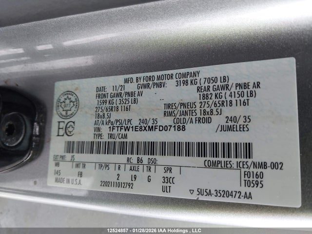 Продажа на аукционе авто 2021 Ford F-150 Xlt, vin: 1FTFW1E8XMFD07188, номер лота: 12524857