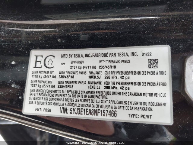 Aukcja sprzedaży 2022 Tesla Model 3 Rwd/standard Range, vin: 5YJ3E1EA8NF157466, numer aukcji: 12524864