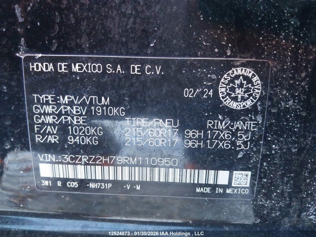 3CZRZ2H79RM110950 Honda Hr-v Ex-l Navi