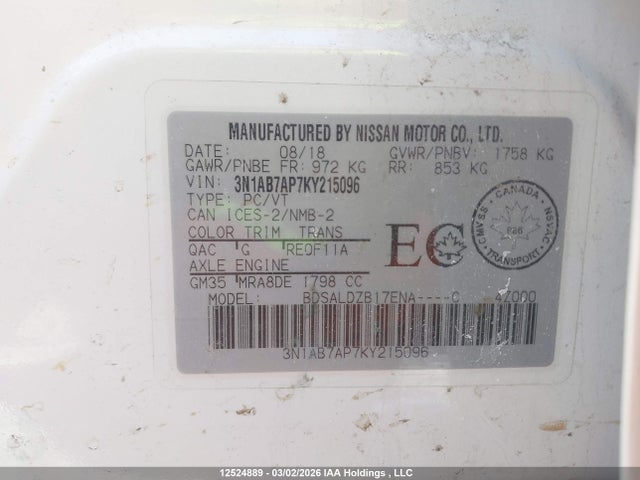 3N1AB7AP7KY215096 Nissan Sentra 1.8 S/1.8 Sv