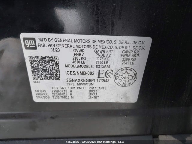 12524896 :رقم المزاد ، 3GNAXXEG8PL173543 vin ، 2023 Chevrolet Equinox Premier مزاد بيع