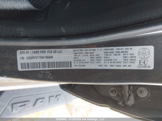 12524942 :رقم المزاد ، 1C6SRFVT7NN196699 vin ، 2022 Ram 1500 Sport مزاد بيع