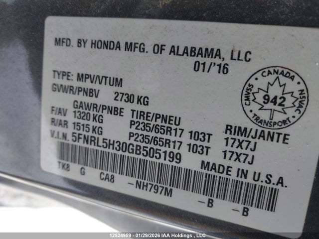 5FNRL5H30GB505199 Honda ODYSSEY SE