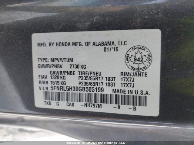 5FNRL5H30GB505199 Honda ODYSSEY SE