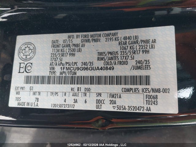 Ford ESCAPE SE 2016 1FMCU9G96GUA40849 Image 9