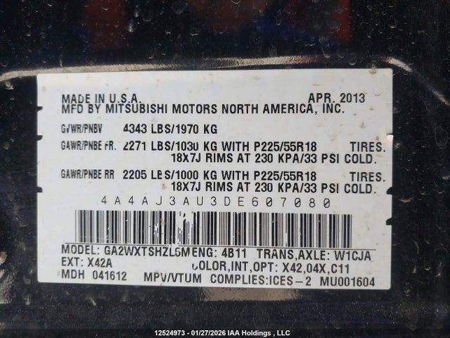 2013 Mitsubishi Rvr Se მანქანა იყიდება აუქციონზე, vin: 4A4AJ3AU3DE607080, აუქციონის ნომერი: 12524973