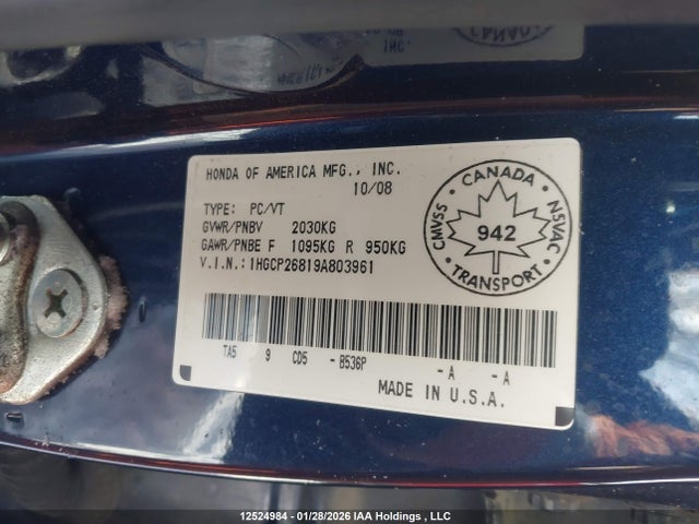Aukcja sprzedaży 2009 Honda Accord Ex-l, vin: 1HGCP26819A803961, numer aukcji: 12524984