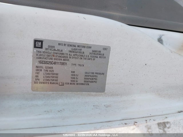 12525003 :رقم المزاد ، 1GCGG25C481170831 vin ، 2008 Chevrolet Express Work Van مزاد بيع