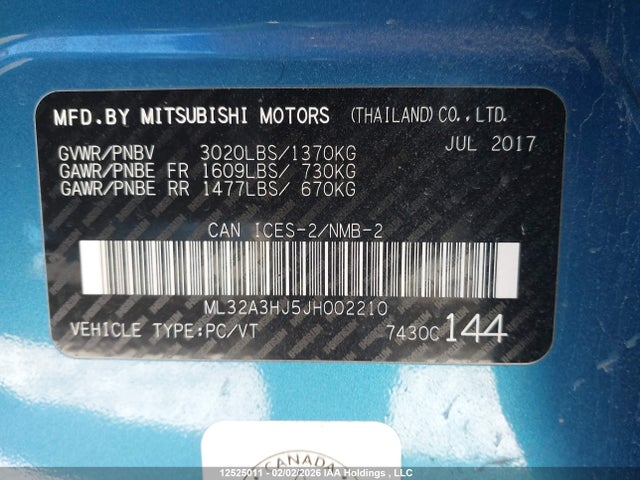 12525011 :رقم المزاد ، ML32A3HJ5JH002210 vin ، 2018 Mitsubishi Mirage مزاد بيع