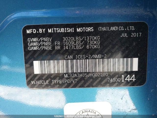 12525011 :رقم المزاد ، ML32A3HJ5JH002210 vin ، 2018 Mitsubishi Mirage مزاد بيع