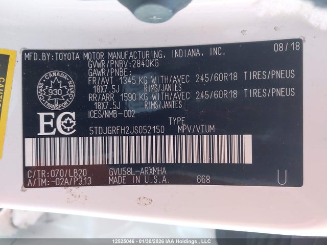 5TDJGRFH2JS052150 Toyota Highlander Hybrid Xle