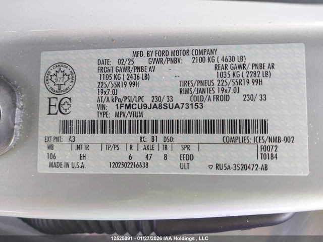 12525091 :رقم المزاد ، 1FMCU9JA8SUA73153 vin ، 2025 Ford Escape Platinum مزاد بيع