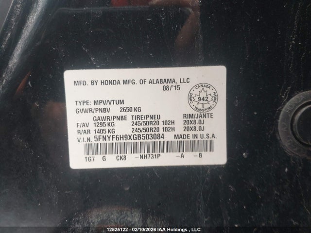 5FNYF6H9XGB503084 Honda Pilot Touring
