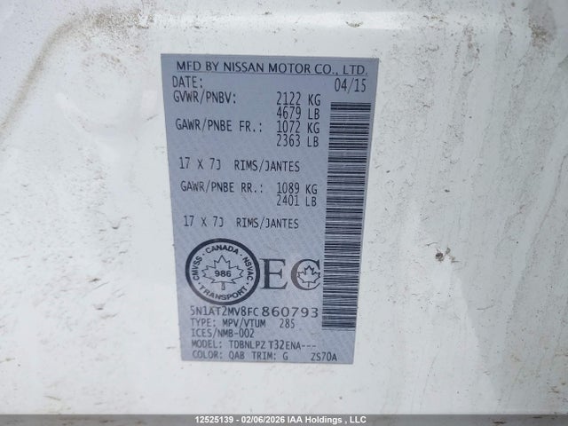 5N1AT2MV8FC860793 Nissan Rogue S/sl/sv