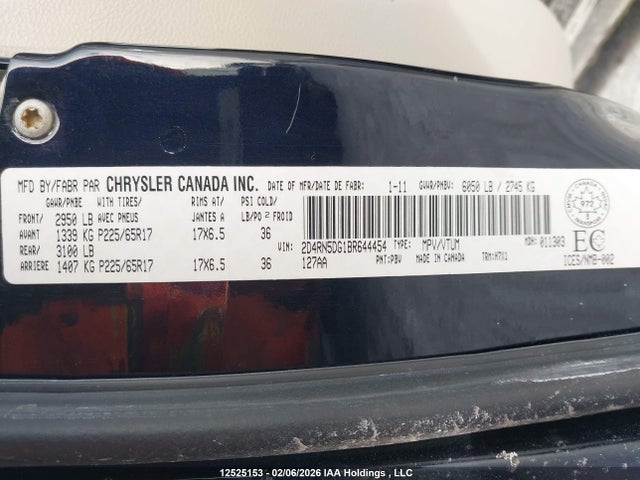 12525153 :رقم المزاد ، 2D4RN5DG1BR644454 vin ، 2011 Dodge Grand Caravan Crew مزاد بيع