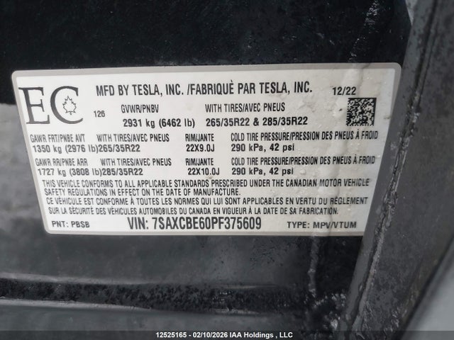 Продажа на аукционе авто 2023 Tesla Model X, vin: 7SAXCBE60PF375609, номер лота: 12525165