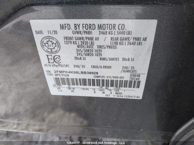 Продажа на аукционе авто 2020 Ford Edge Titanium, vin: 2FMPK4K98LBB38928, номер лота: 12525177
