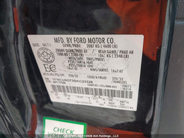 2011 Ford Escape მანქანა იყიდება აუქციონზე, vin: 1FMCU9D73BKC20328, აუქციონის ნომერი: 12525181