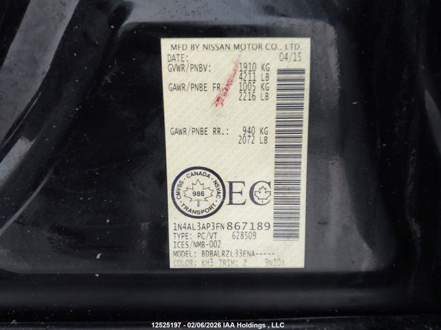 1N4AL3AP3FN867189 Nissan Altima 2.5/2.5 S/2.5 Sl/2.5 Sv