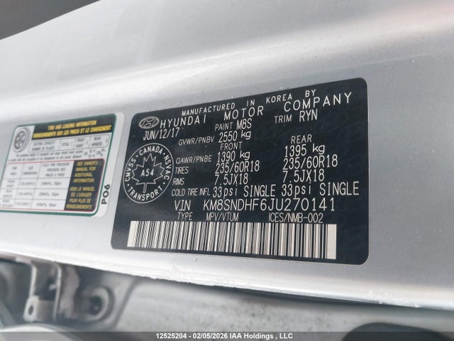 KM8SNDHF6JU270141 Hyundai Santa Fe Se/limited