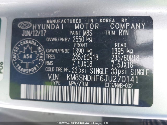 KM8SNDHF6JU270141 Hyundai Santa Fe Se/limited
