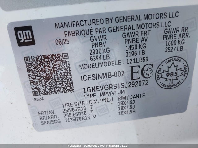 1GNEVGRS1SJ292072 Chevrolet Traverse