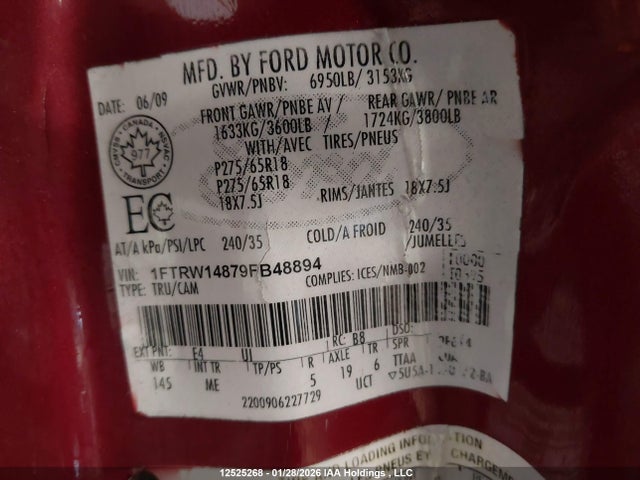 2009 Ford F150 Supercrew მანქანა იყიდება აუქციონზე, vin: 1FTRW14879FB48894, აუქციონის ნომერი: 12525268