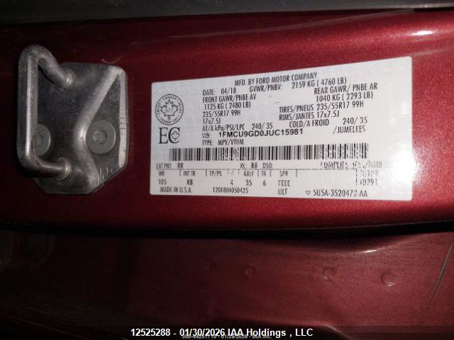 12525288 :رقم المزاد ، 1FMCU9GD0JUC15981 vin ، 2018 Ford Escape Se مزاد بيع