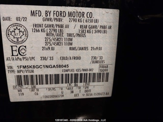 1FM5K8GC1NGA58045 Ford Explorer St