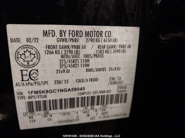 1FM5K8GC1NGA58045 Ford Explorer St