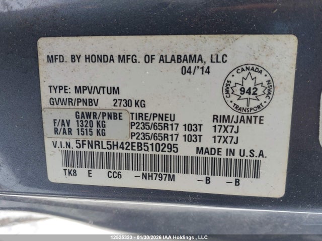5FNRL5H42EB510295 Honda ODYSSEY EX