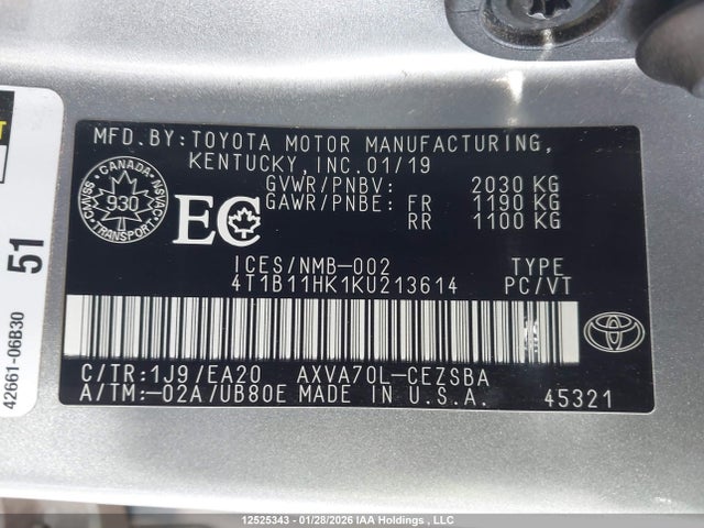 4T1B11HK1KU213614 Toyota CAMRY SE