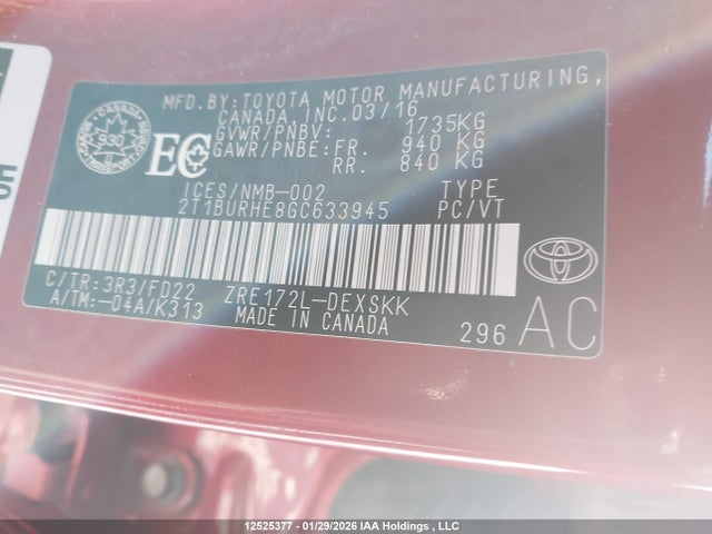 2T1BURHE8GC633945 Toyota Corolla L/le/le Pls/prm/s/s Pls