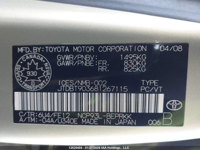 Aukcja sprzedaży 2008 Toyota Yaris, vin: JTDBT903681267115, numer aukcji: 12525404