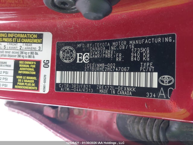 12525421 :رقم المزاد ، 2T1BURHE2HC747067 vin ، 2017 Toyota Corolla L/le/xle/se/xse مزاد بيع