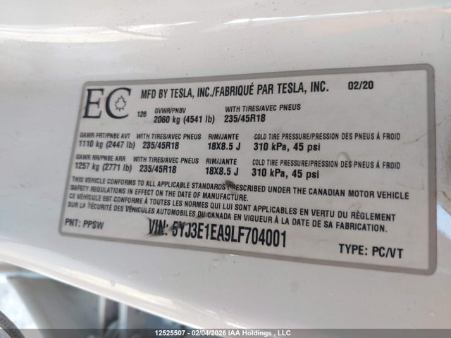 5YJ3E1EA9LF704001 Tesla Model 3 Standard Range Plus