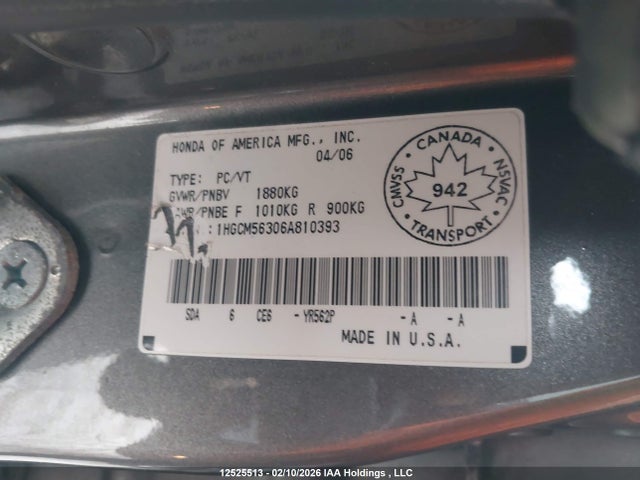 Aukcja sprzedaży 2006 Honda Accord Se, vin: 1HGCM56306A810393, numer aukcji: 12525513