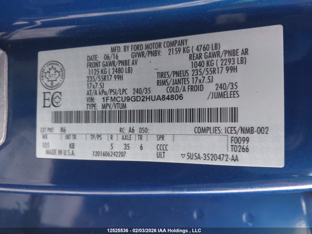 1FMCU9GD2HUA84806 Ford ESCAPE SE