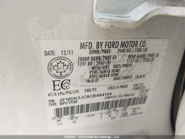 12525561 :رقم المزاد ، 2FMDK3JC9CBA64154 vin ، 2012 Ford Edge Sel مزاد بيع