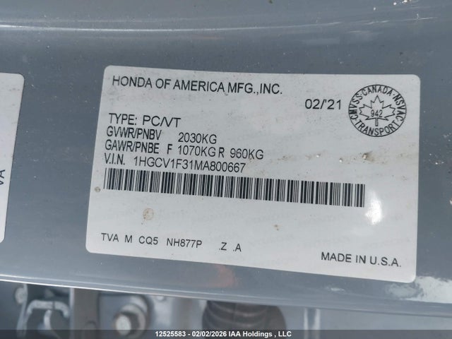 1HGCV1F31MA800667 Honda Accord
