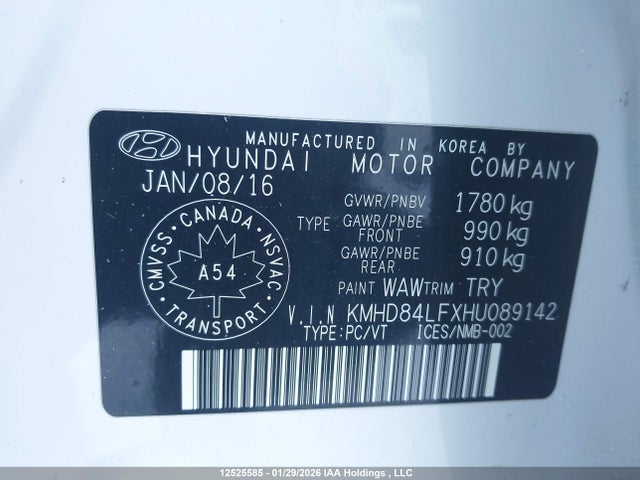 KMHD84LFXHU089142 Hyundai Elantra Gls