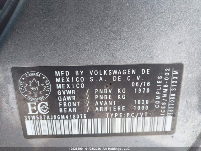 12525590 :رقم المزاد ، 3VW5S7AJ9GM418075 vin ، 2016 Volkswagen Jetta Gli/se/sel مزاد بيع