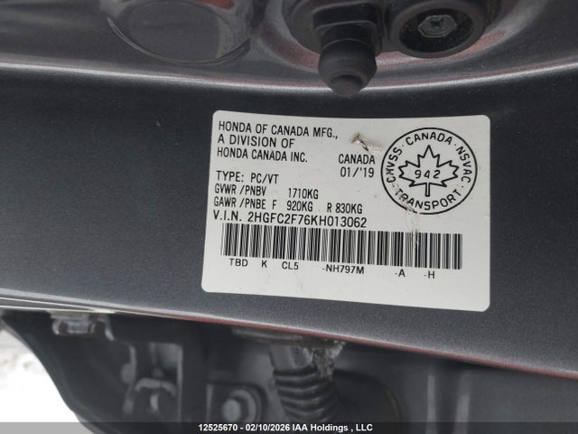 12525670 :رقم المزاد ، 2HGFC2F76KH013062 vin ، 2019 Honda Civic مزاد بيع